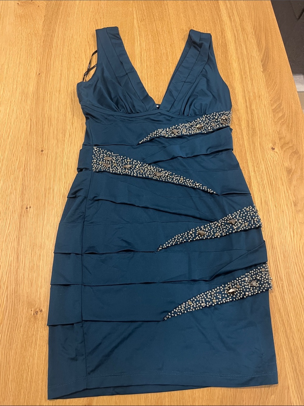 Nikibiki Teal V-Neck Embellished Bodycon Mini Dress